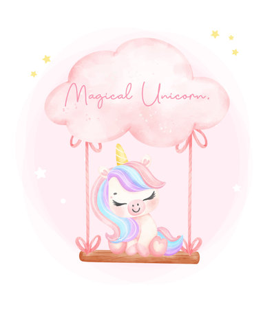 Cute unicorn on cloud swing watercolor dreamy nursery Art illustration. Magical Unicorn.のイラスト素材