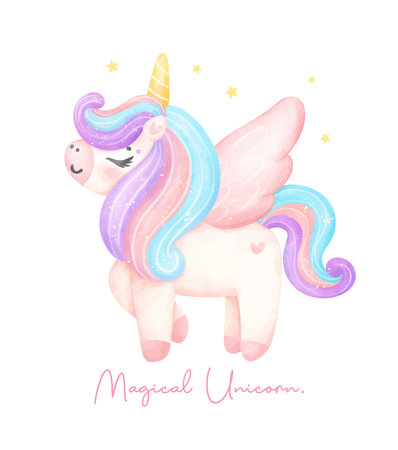 Cute unicorn with wing migical pony watercolor dreamy nursery Art illustration. Magical Unicorn.のイラスト素材