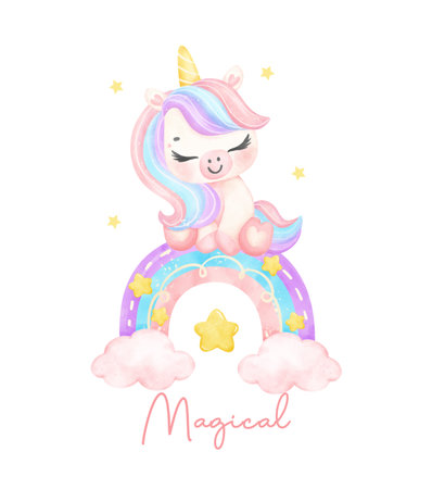 Cute pink unicorn with rainbow watercolor nursery Art illustration. Be unique.のイラスト素材