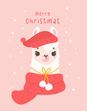 cute Christmas llama greeting card in winter theme cartoon hand drawing illustrationのイラスト素材