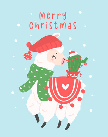 cute Christmas llama with cactus greeting card in winter theme cartoon hand drawing illustrationのイラスト素材