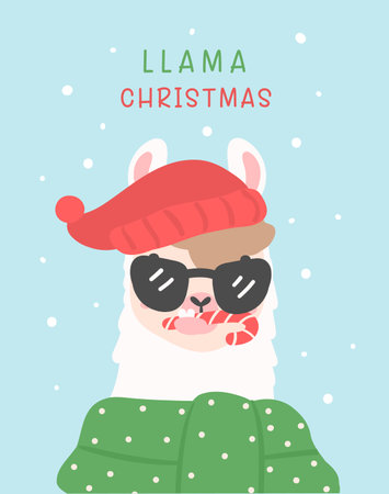 cute Christmas llama winter theme cartoon hand drawing for festive card illustrationのイラスト素材