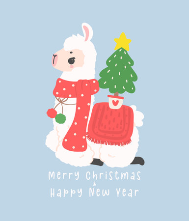 Cute Christmas llama greeting card in winter theme, kawaii Happy New Year cartoon Animal hand drawing illustrationのイラスト素材