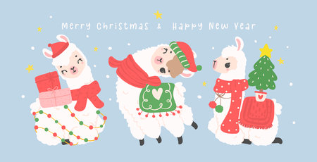 Cute Christmas llamas greeting card banner in winter theme, kawaii Happy New Year cartoon Animal hand drawing illustrationのイラスト素材