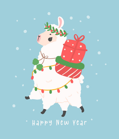 cute Christmas llama greeting card in winter theme, kawaii cartoon hand drawing illustrationのイラスト素材