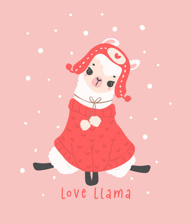 cute Christmas llama, Valentine Llama greeting card in winter theme, kawaii cartoon hand drawing illustrationのイラスト素材