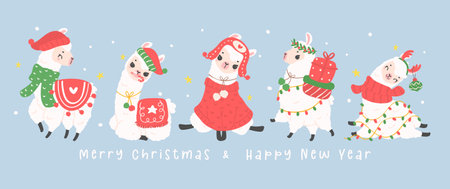 Cute Christmas llamas greeting card banner in winter theme, kawaii Happy New Year cartoon Animal hand drawing illustrationのイラスト素材