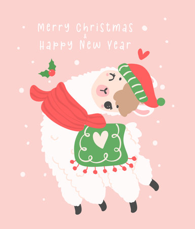 Cute Christmas llama greeting card in winter theme, kawaii Happy New Year cartoon Animal hand drawing illustrationのイラスト素材