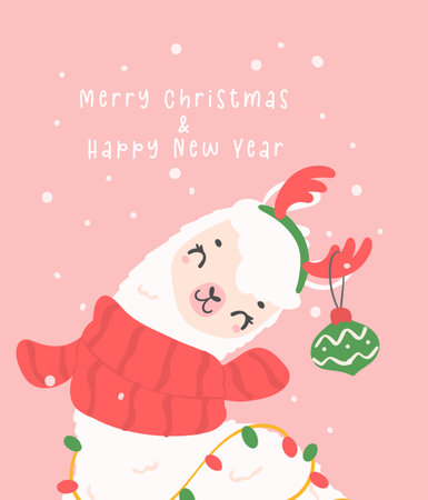 cute Christmas llama greeting card in winter theme, kawaii cartoon hand drawing illustrationのイラスト素材