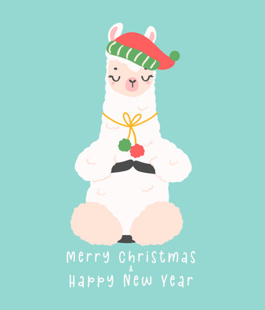 Cute Christmas llama doing meditation greeting card in winter theme, kawaii Happy New Year cartoon Animal hand drawing illustrationのイラスト素材