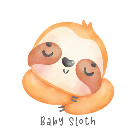 Adorable happy smile baby sloth sleeping cartoon watercolor nursery Illustrationのイラスト素材