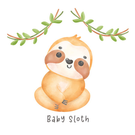Adorable happy smile baby sloth sitting cartoon watercolor nursery Illustrationのイラスト素材