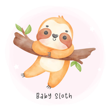 Adorable baby sloth hanging on tree cartoon watercolor nursery Illustrationのイラスト素材
