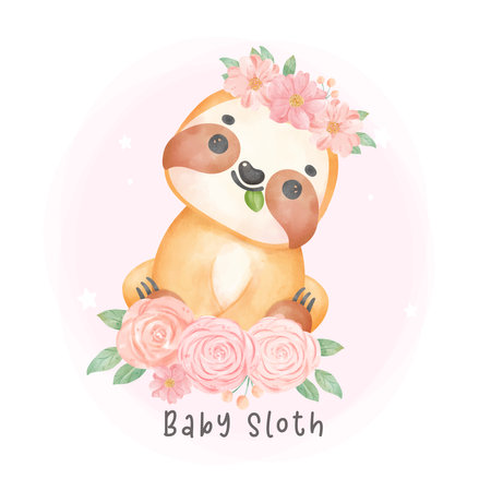 Adorable happy smile baby sloth sitting in flowers cartoon watercolor nursery Illustrationのイラスト素材