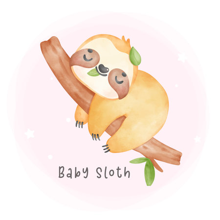 Adorable baby sloth sleeping on tree cartoon watercolor nursery Illustrationのイラスト素材