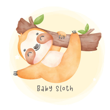 Adorable happy smile baby sloth hanging on tree cartoon watercolor nursery Illustrationのイラスト素材