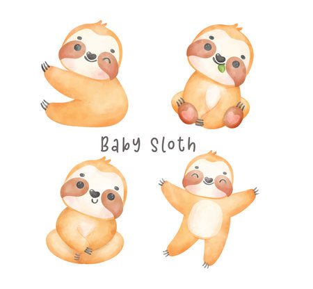 Adorable happy smile baby sloth cartoon watercolor nursery Illustration setのイラスト素材