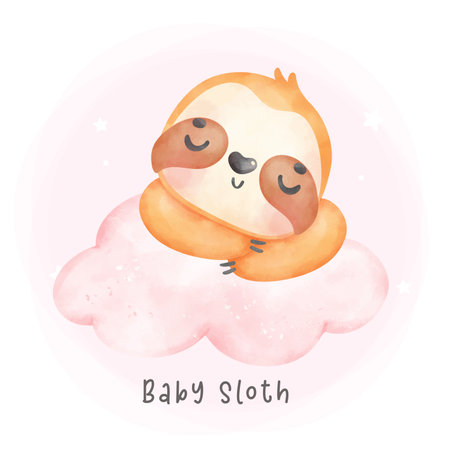 Adorable baby sloth sleeping on cloud cartoon watercolor nursery Illustrationのイラスト素材