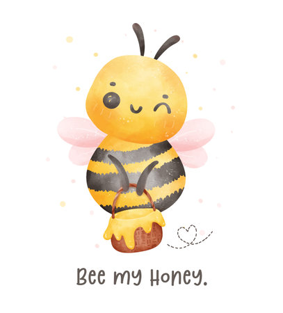 Cute baby bee with honey watercolor cartoon character hand painting illustration vector.のイラスト素材