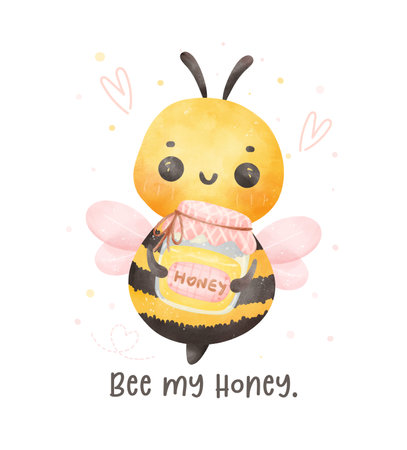 Cute baby bee with honey jar watercolor cartoon character hand painting illustration vector.のイラスト素材