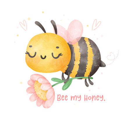 Cute baby bee flying and flower watercolor cartoon character hand painting illustration vector.のイラスト素材