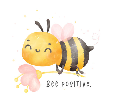 Cute baby bee flying and flower watercolor cartoon character hand painting illustration vector. Bee positive.のイラスト素材