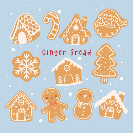 cute kawaii gingerbread hand drawing flat design Christmas collection, includes gingerbread houses, gingerbread men, candy canes, Santa faces, and Christmas trees,のイラスト素材