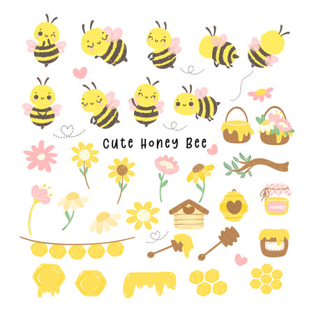 Cute bee Baby with honey and flowers Cartoon collection in adorable poses. Kawaii Animal Drawing for Spring &amp; Summer.のイラスト素材