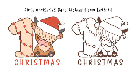 First Christmas baby cow highland cartoon layered hand drawing outline.のイラスト素材
