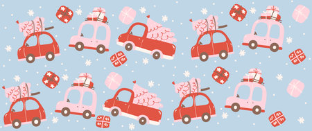Cute Christmas Cars Glass Can Wrap Pattern layered printable for 16 oz Libbey isolated on blue background.のイラスト素材