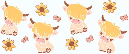 Cute baby highland cow Glass Can Wrap Pattern layered printable for 16 oz Libbey isolated on white background.のイラスト素材