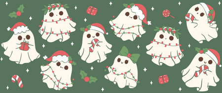 Cute Christmas Glass Can Wrap kawaii Santa ghost Pattern layered printable for 16 oz Libbey isolated on background.のイラスト素材