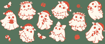 Cute Christmas Glass Can Wrap kawaii ghost Pattern layered printable for 16 oz Libbey isolated on background.のイラスト素材