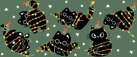 Cute Christmas Glass Can Wrap funny Balck cats with lightts Pattern layered printable for 16 oz Libbey isolated on background.のイラスト素材