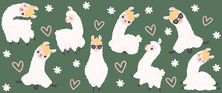 Cute Glass Can Wrap baby Llama faces Pattern layered printable for 16 oz Libbey isolated on background.のイラスト素材