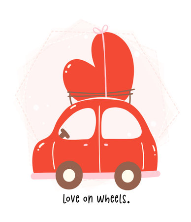 Heartwarming Valentine Cartoon. Cute Kawaii Car in Red and Pink Theme with Heart in Flat Design.のイラスト素材