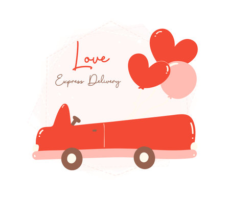 Valentine love delivery car. Cute Kawaii vehicle in love Theme with balloons in Flat Design.のイラスト素材