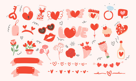 Cute Kawaii Valentine Element. Hand Drawn Illustration in Red and Pink Theme Featuring Adorable Hearts and Decorative Elementsのイラスト素材