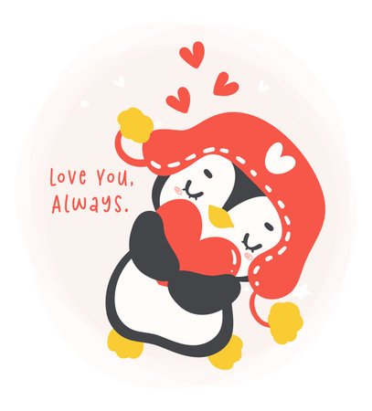 Cute penguins Valentine with heart cartoon drawing, Kawaii love animal character illustration.のイラスト素材