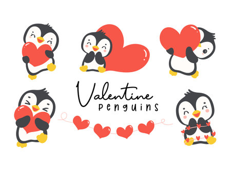 Set of Cute baby penguins Valentine with heart, romantic animal lcartoon drawing illustration.のイラスト素材