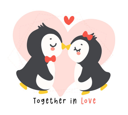 Loveable Valenntine penguin couple kissing in a whimsical hand drawn cartoon, perfect for romantic greetings.のイラスト素材