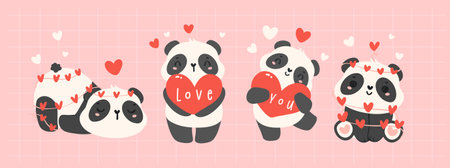 Cute Valentine Pandas with hearts Cartoon animal Hand drawn Illustration banner.のイラスト素材
