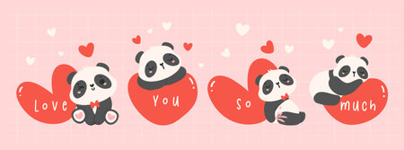 Cute Valentine Pandas with hearts Cartoon animal Hand drawn Illustration banner.のイラスト素材