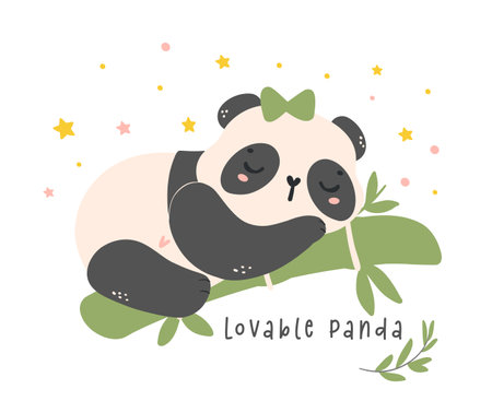 Adorable Cartoon Panda sleeping bamboo and balloons, nursery baby shower kid illustration.のイラスト素材