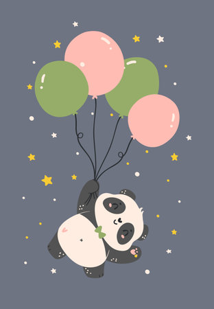 Adorable Cartoon Panda floating with balloon, nursery baby shower kid illustration.のイラスト素材