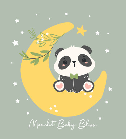 Adorable Cartoon Panda Nursery Art. Cute hand drawn illustration of a baby panda sitting on a crescent, perfect for baby shower themes.のイラスト素材