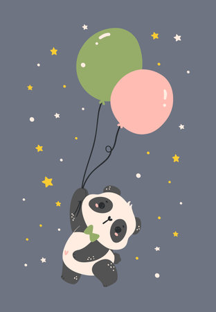 Adorable Cartoon Panda floating with balloon, nursery baby shower kid illustration.のイラスト素材