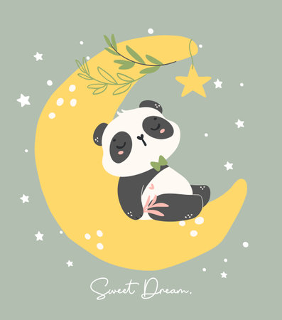 Adorable Cartoon Panda Nursery Art. Cute hand drawn illustration of a baby panda sleeping on a crescent, perfect for baby shower themes.のイラスト素材