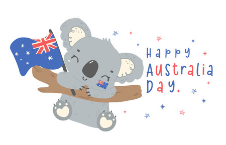 Happy Australia day koala with flag. adroable animal celebrate Australian Nation day cartoon hand drawing. Idea for greeting card.のイラスト素材