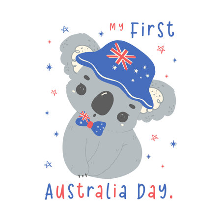 First Australia day baby koala with flag in adroable pose animal celebrate Australian Nation day cartoon hand drawing.のイラスト素材
